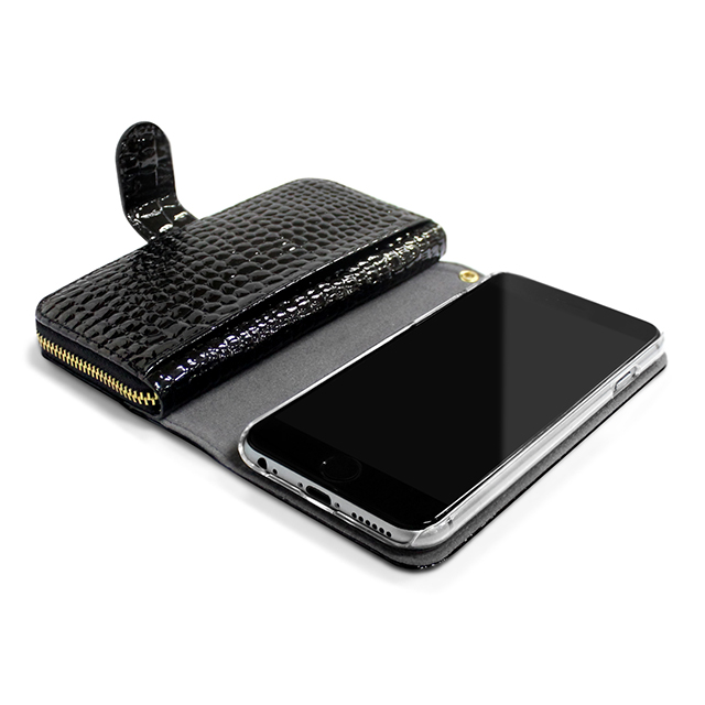 【iPhone6s/6 ケース】Zipper お財布付きダイアリーケース (クロコエナメル ブラック)サブ画像