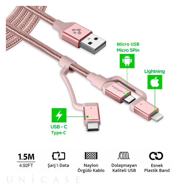 Essential C10i3 USB-C+Micro-B5-pin+USB Lightning to USB 2.0 Cable (Rose Gold)