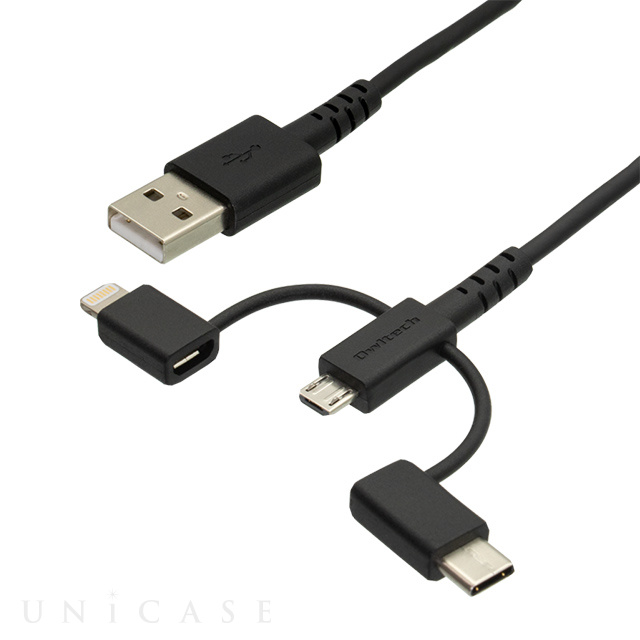 3 in 1 Lightningアダプタ＆Type-Cアダプタ付き USB Type-A to microUSB 超タフストレートケーブル (ブラック/30cm)