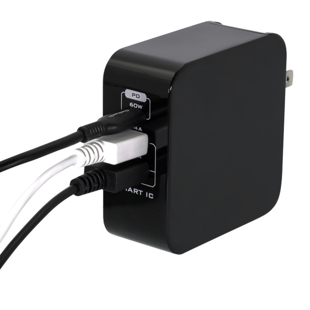 USB Power Delivery 対応 AC充電器 かしこく超速充電 USB PD 60W Type-C×1＋USB Type-A×2 合計60W (ブラック)サブ画像