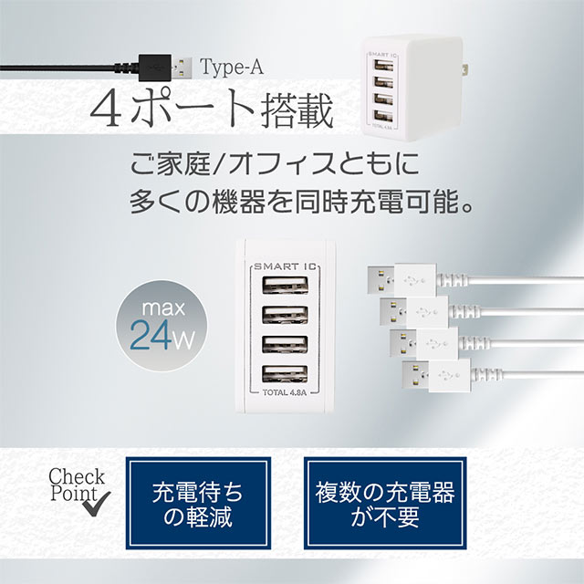 最大4台同時にかしこく充電 USB Type-A×4ポートAC充電器 OWL-ACU448ASシリーズ (ホワイト)サブ画像