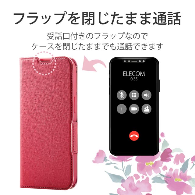 【iPhone13 Pro ケース】レザーケース 手帳型 UltraSlim Flowers 薄型 磁石付き (ディープピンク)サブ画像