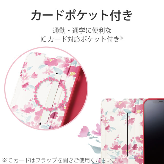 【iPhone13 Pro ケース】レザーケース 手帳型 UltraSlim Flowers 薄型 磁石付き (ディープピンク)サブ画像