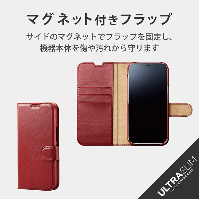 【iPhone13 ケース】レザーケース/手帳型/UltraSlim/薄型/磁石付き/ステッチ/抗菌 (レッド)サブ画像