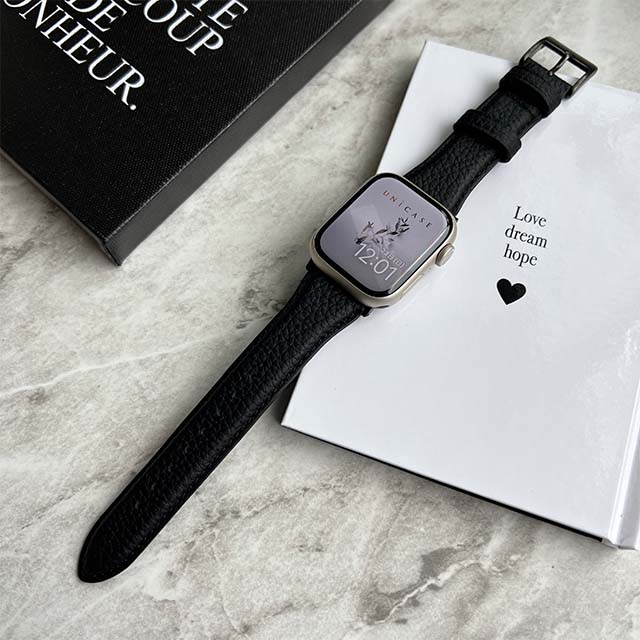 【Apple Watch バンド 49/45/44/42mm】German Shrunken-calf Genuine Leather Watchband Pin Buckle Type (ブラック)サブ画像