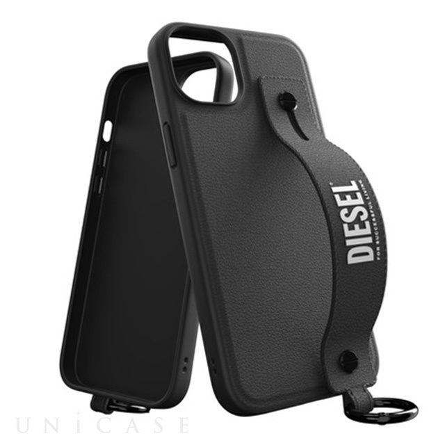 【iPhone14 Plus ケース】Leather Handstrap Case (Black/White)