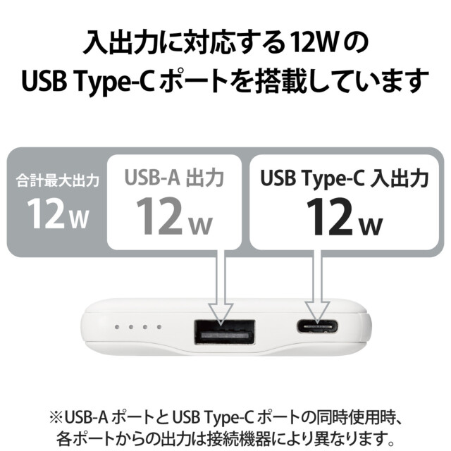 モバイルバッテリー/リチウムイオン電池/おまかせ充電対応/12W対応/USB-A出力1ポート/Type-C入力5000mAh (ホワイト)サブ画像