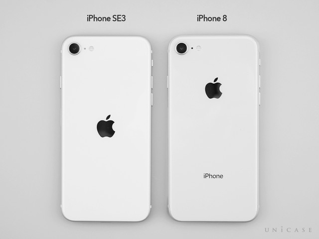 iPhoneSE(第3世代)/SE3（左）、iPhone8（右）背面比較