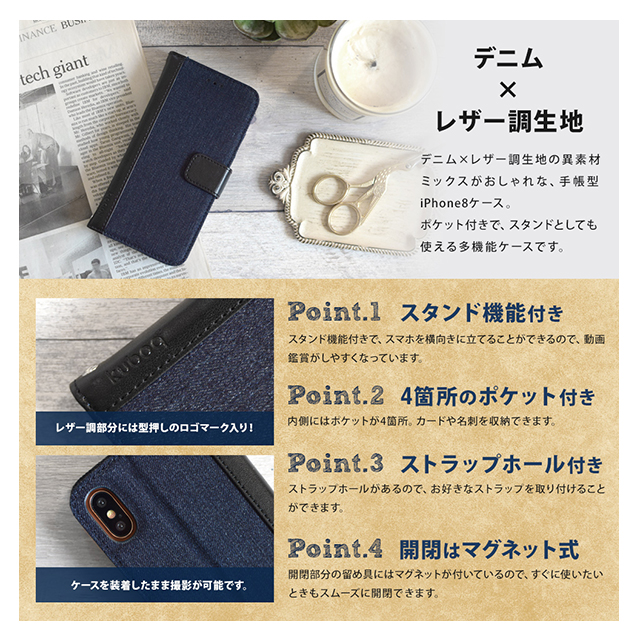 【iPhoneXS/X ケース】kuboq フリップカバー デニム (インディゴブルー/ブラック)goods_nameサブ画像