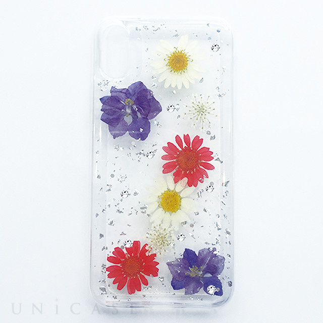 【iPhoneXS/X ケース】押し花入りiPhoneケース (Silver hoil flowers)