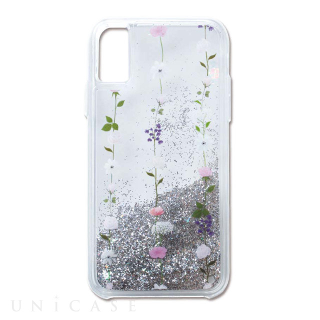 【iPhoneXS/X ケース】Liquid case (continuous flowers-glitter)