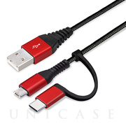変換コネクタ付き 2in1 USBタフケーブル (Type-C＆micro USB) 15cm (レッド＆ブラック)