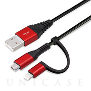 変換コネクタ付き 2in1 USBタフケーブル (Lightning＆micro USB) 15cm (レッド＆ブラック)
