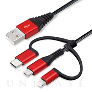 変換コネクタ付き 3in1 USBタフケーブル(Lightning＆Type-C＆micro USB) 15cm (レッド＆ブラック)