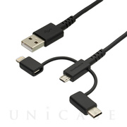 3 in 1 Lightningアダプタ＆Type-Cアダプタ付き USB Type-A to microUSB 超タフストレートケーブル (ブラック/1m)