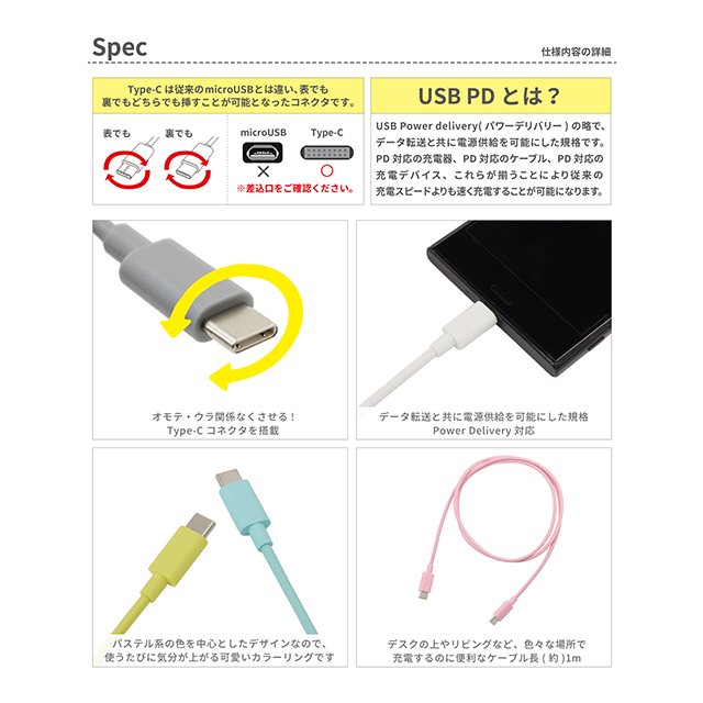 PD対応 Type-C to Type-C カラフルケーブル  (パステルピンク)サブ画像