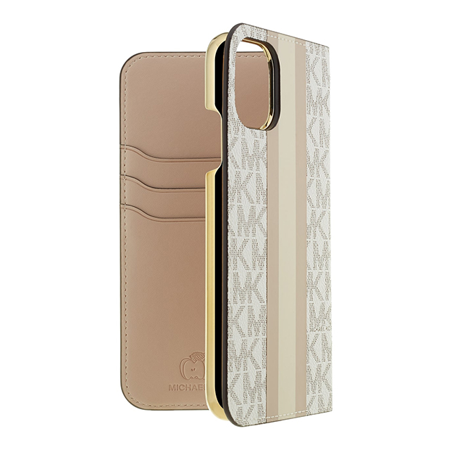 iPhone11 Pro ケース】Folio Case Beige Pink Stripe with Charm