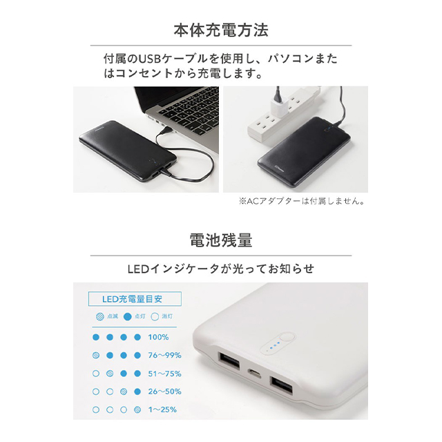 2ポート薄型モバイル充電器10000mAh (ホワイト)goods_nameサブ画像