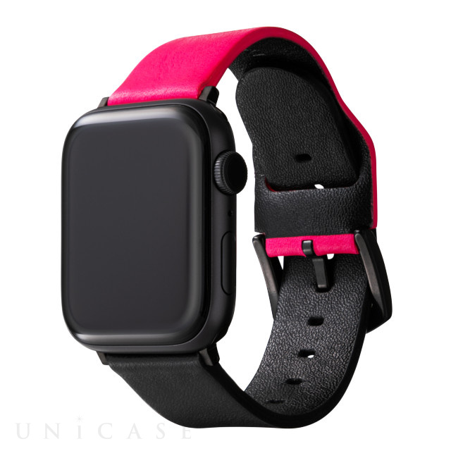 【Apple Watch バンド 49/45/44/42mm】“NEON” Italian Genuine Leather Watchband (Neon Pink/Black) for Apple Watch Ultra2/SE(第2/1世代)/Series9/8/7/6/5/4/3/2/1
