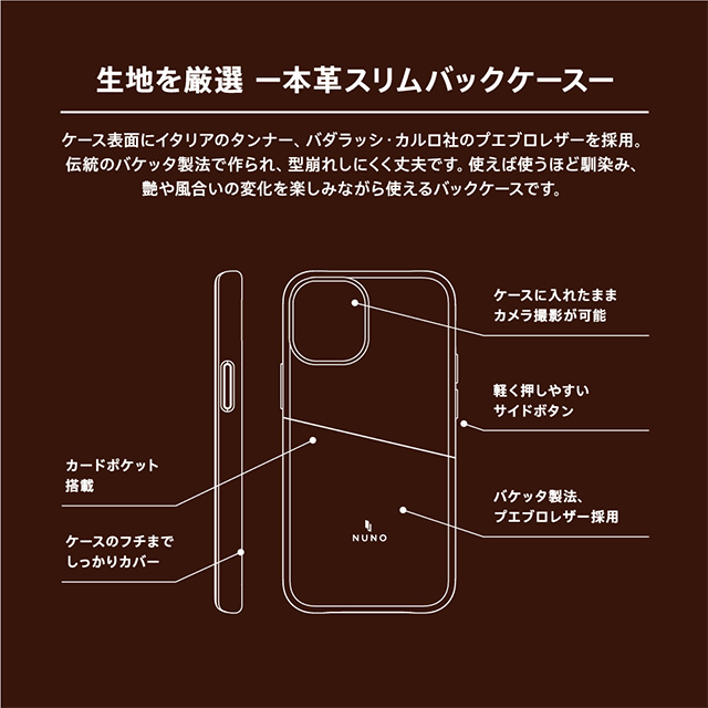 【iPhone12/12 Pro ケース】[NUNO]カードポケット付き本革バックケース (ブラック)サブ画像