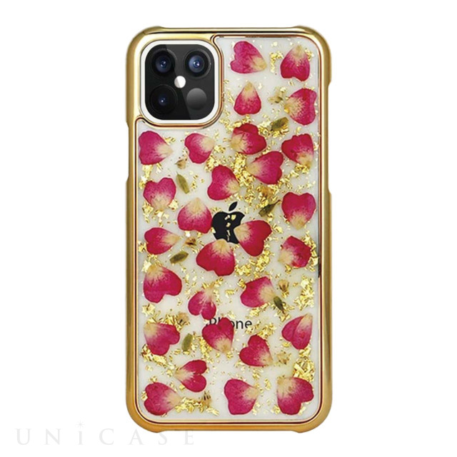 【iPhone12/12 Pro ケース】押し花 (Rose red petals_Gold)