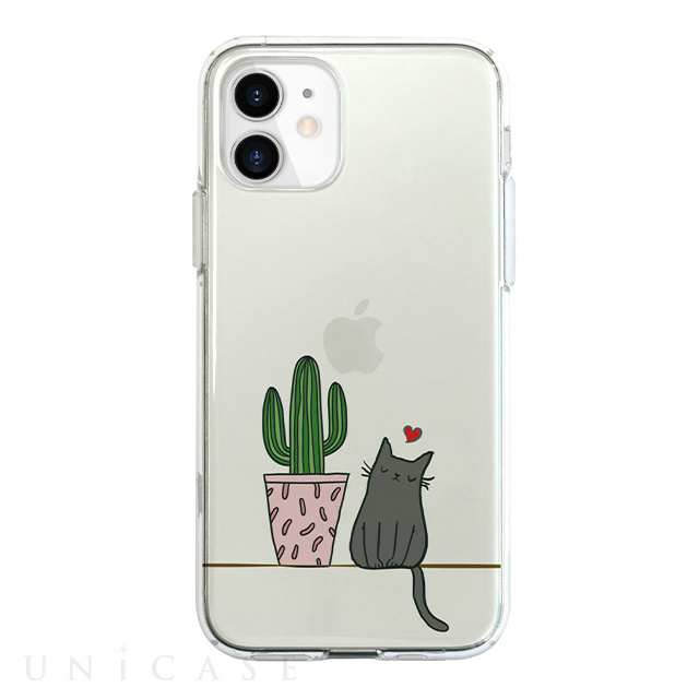 【iPhone12 mini ケース】ソフトクリアケース (サボテンと猫)