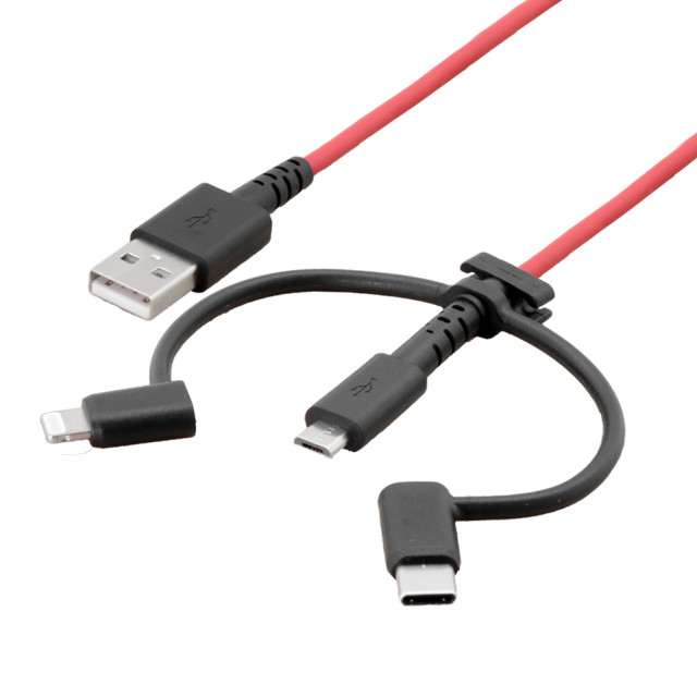 3 in 1 Lightningアダプター＆USB Type-Cアダプター付き USB Type-A to microUSB 超タフストロング ストレートケーブル (ブラック×レッド/1m)サブ画像