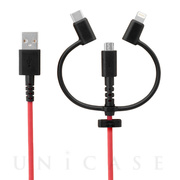 3 in 1 Lightningアダプター＆USB Type-Cアダプター付き USB Type-A to microUSB 超タフストロング ストレートケーブル (ブラック×レッド/30cm)