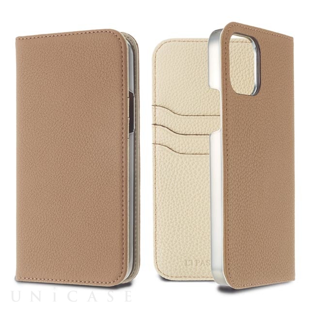 【iPhone12 Pro Max ケース】German Shrunken Calf Folio Case (Taupe×White)