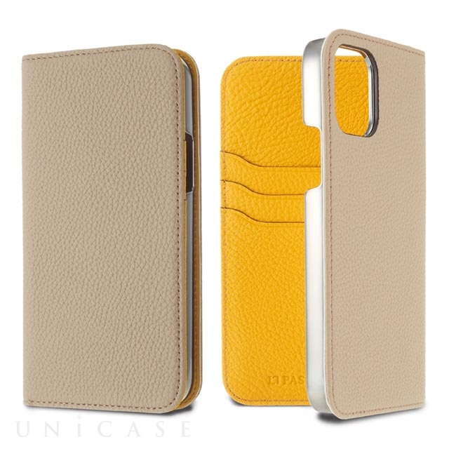 【iPhone12 Pro Max ケース】German Shrunken Calf Folio Case (Light Gray×Yellow)