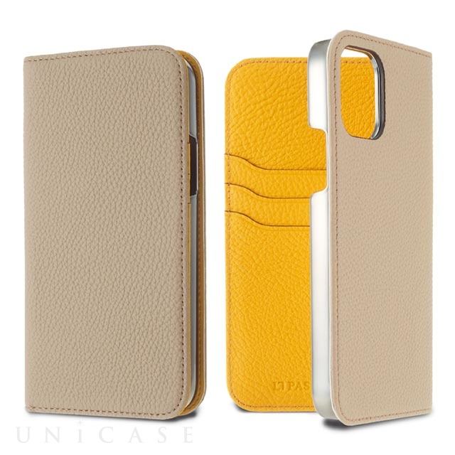 【iPhone12/12 Pro ケース】German Shrunken Calf Folio Case (Light Gray×Yellow)