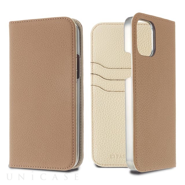 【iPhone12 mini ケース】German Shrunken Calf Folio Case (Taupe×White)