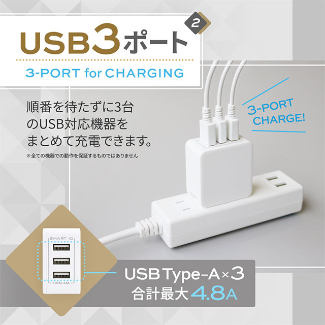 最大3台同時にかしこく充電 USB Type-A×3ポートAC充電器 OWL-ACU348ASシリーズ (ブラック)サブ画像