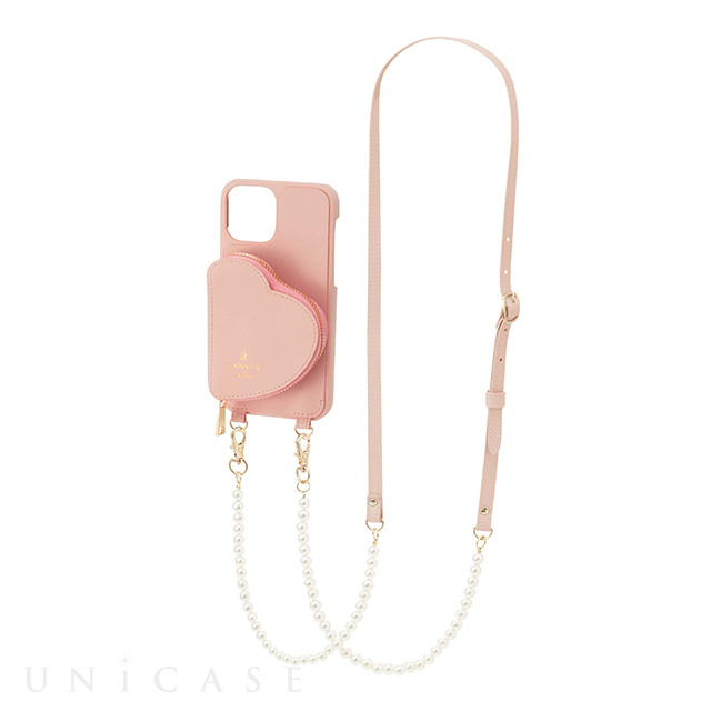 【iPhone13 Pro Max ケース】Wrap Case Pocket Simple Heart with Pearl Type Neck Strap (Sweet Pink)