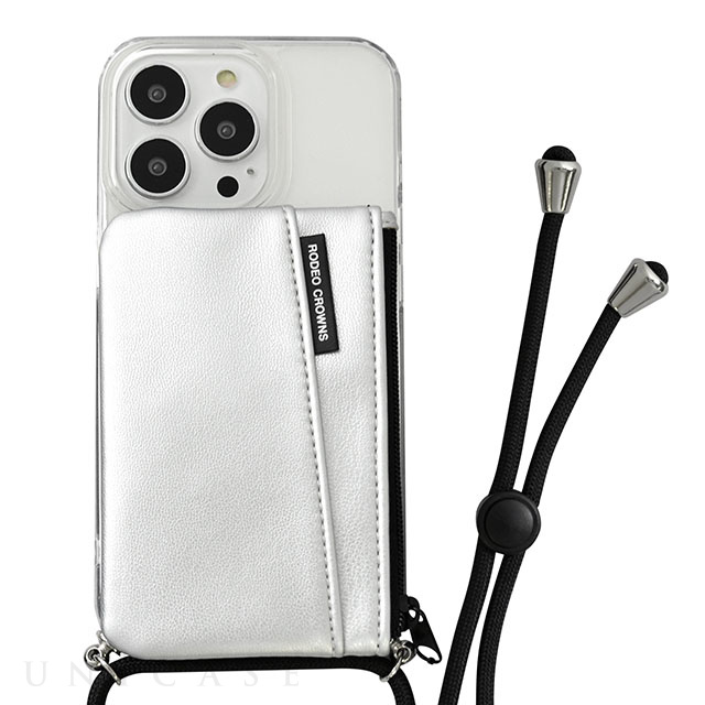 【iPhone13/13 Pro ケース】RODEO CROWNS ロングストラップ＆収納ポケット付き背面ケース/TPUクリア (シルバー)