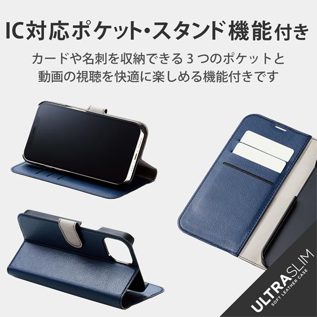【iPhone13 ケース】レザーケース 手帳型 UltraSlim 薄型 磁石付き (ステッチ/ネイビー)サブ画像