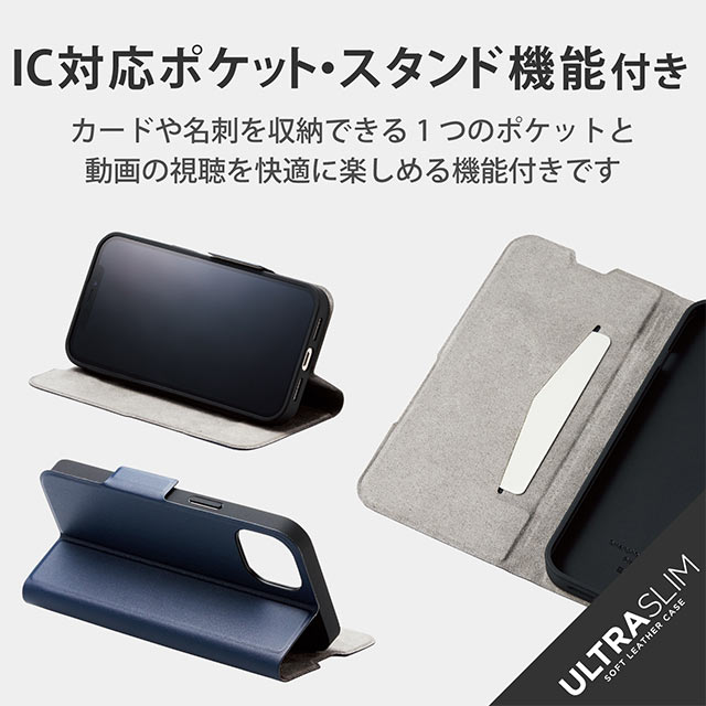 【iPhone13 ケース】レザーケース 手帳型 UltraSlim 薄型 磁石付き (ネイビー)サブ画像