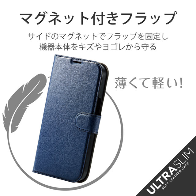 【iPhone13 Pro ケース】レザーケース 手帳型 UltraSlim 薄型 磁石付き (ステッチ/ネイビー)サブ画像