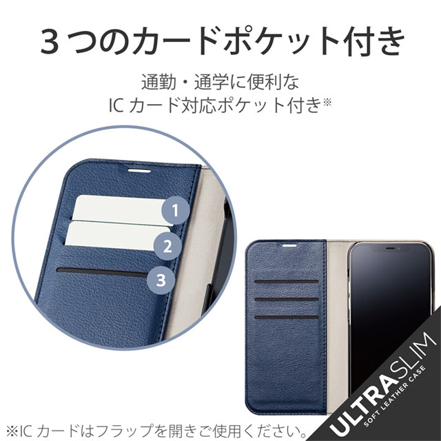 【iPhone13 Pro ケース】レザーケース 手帳型 UltraSlim 薄型 磁石付き (ステッチ/ネイビー)サブ画像
