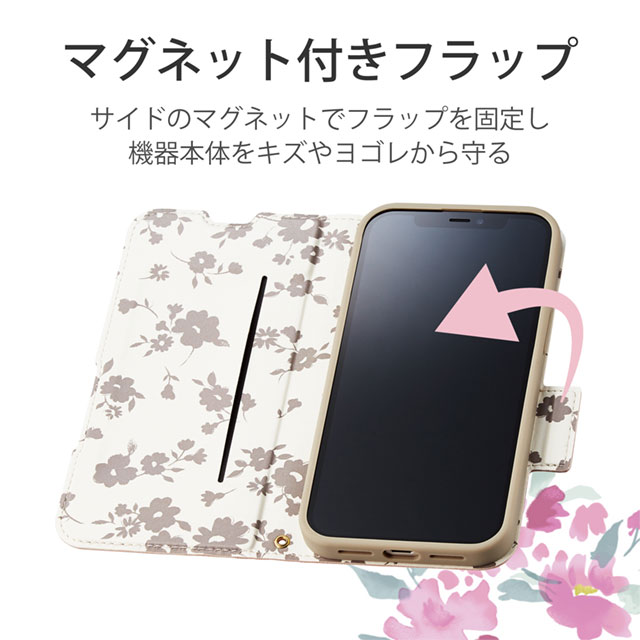 【iPhone13 Pro ケース】レザーケース 手帳型 UltraSlim Flowers 薄型 磁石付き (スモーキーピンク)サブ画像