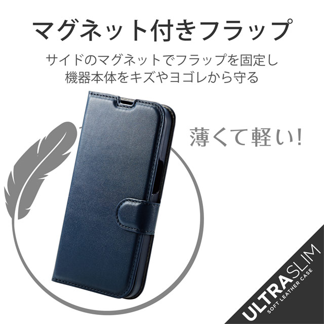 【iPhone13 Pro ケース】レザーケース/手帳型/UltraSlim/薄型/磁石付き/ステッチ/抗菌 (ネイビー)サブ画像