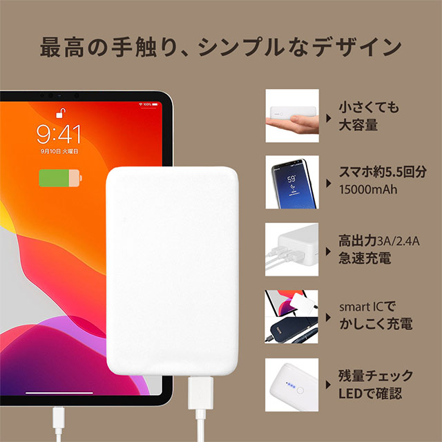 最大3A入出力に対応のUSB Type-C ×1ポートとUSB Type-A×2ポート 15,000mAh モバイルバッテリー (ホワイト)サブ画像