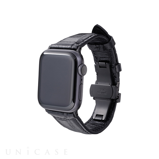 【Apple Watch バンド 41/40/38mm】Croco Embossed Genuine Leather Watchband (Black) for Apple Watch SE(第2/1世代)/Series9/8/7/6/5/4/3/2/1