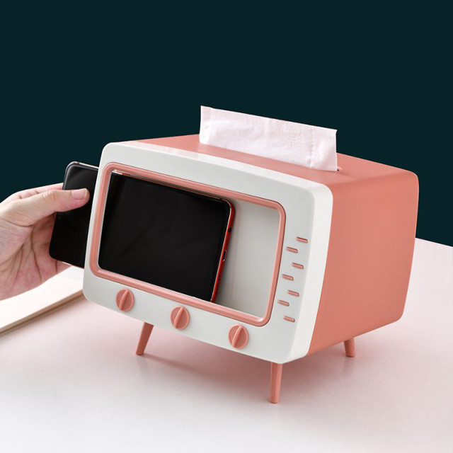 スマホスタンド付き テレビ型ティッシュケース (グレー) iQ Labo