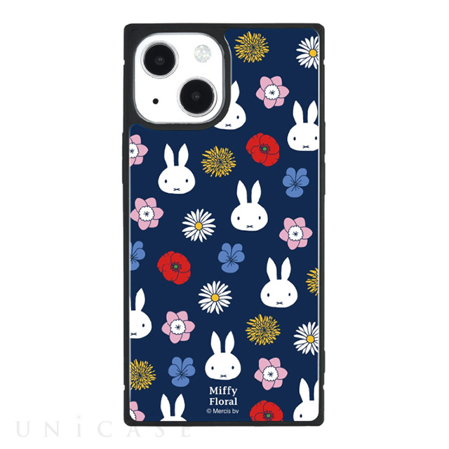 【iPhone13 mini/12 mini ケース】ミッフィー Miffy Floral スクエアガラスケース (ネイビー)