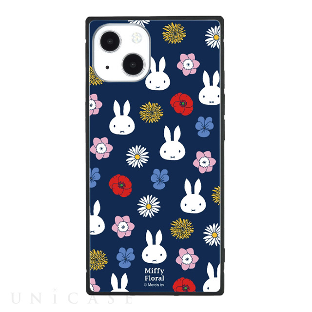 【iPhone13 ケース】ミッフィー Miffy Floral スクエアガラスケース (ネイビー)