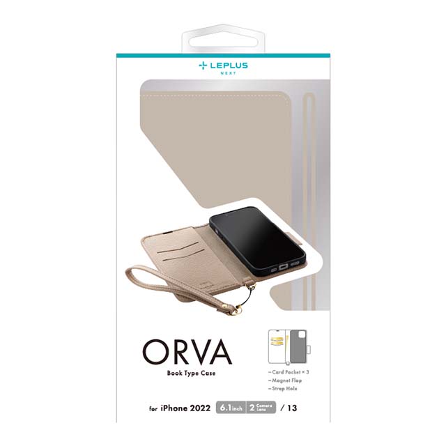 【iPhone14/13 ケース】本革風レザーフラップケース 「ORVA」 ハンドストラップ付属 (ベージュ)サブ画像