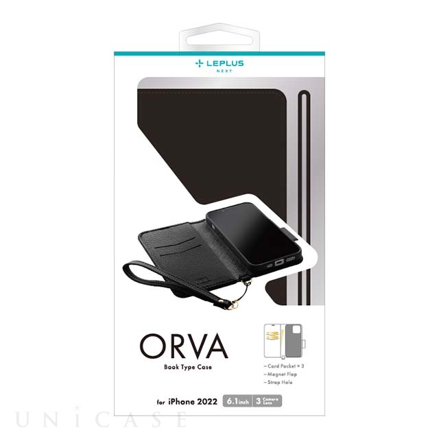【iPhone14 Pro ケース】本革風レザーフラップケース 「ORVA」 ハンドストラップ付属 (ブラック)