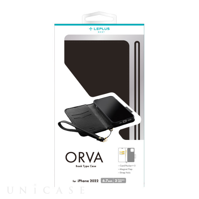 【iPhone14 Pro Max ケース】本革風レザーフラップケース 「ORVA」 ハンドストラップ付属 (ブラック)