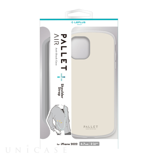 【iPhone14 Plus ケース】超軽量・極薄・耐衝撃ハイブリッドケース 「PALLET AIR STRAP」 ショルダーストラップ付属 (ホワイトベージュ)